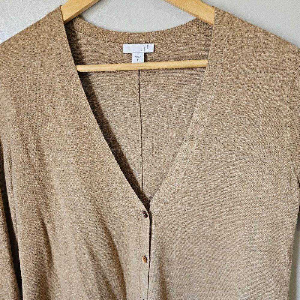 EUC J. JILL WOOL BLEND CAMEL/ TAN LONG SLEEVES V NECK BUTTON DOWN LONGLINE TOP S - Picture 3 of 12